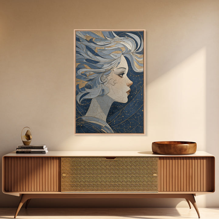 Moon Goddess with Flowing Hair and Constellations Canvas Print, Astrology Art, Astrology Gifts, Living Room Decor, Zodiac, AST-2x3-59