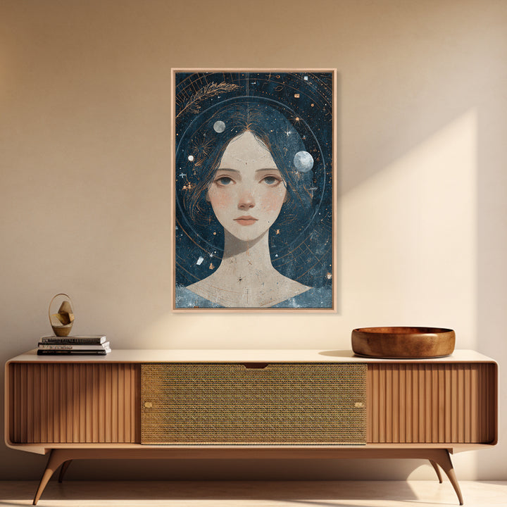 Virgo Maiden with Wheat and Blue Night Framed Canvas Print, Astrology Art, Astrology, Living Room Decor, Watercolor Art, Zodiac, AST-2x3-74