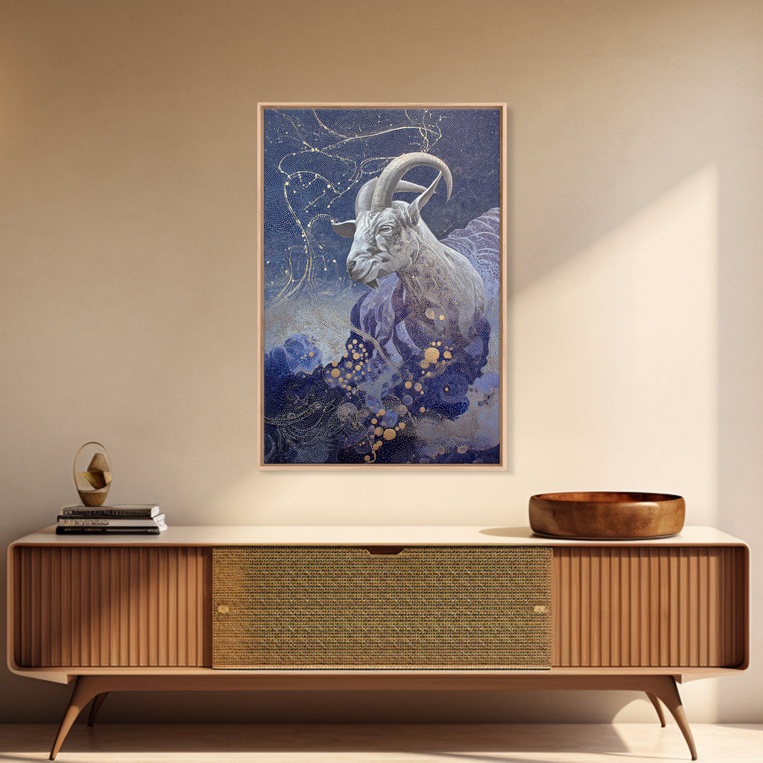 Capricorn Sea Goat Emerging from Cosmic Waves Framed Canvas Print, Astrology Art, Psychedelic Art, Living Room Decor, Zodiac, AST-2x3-75