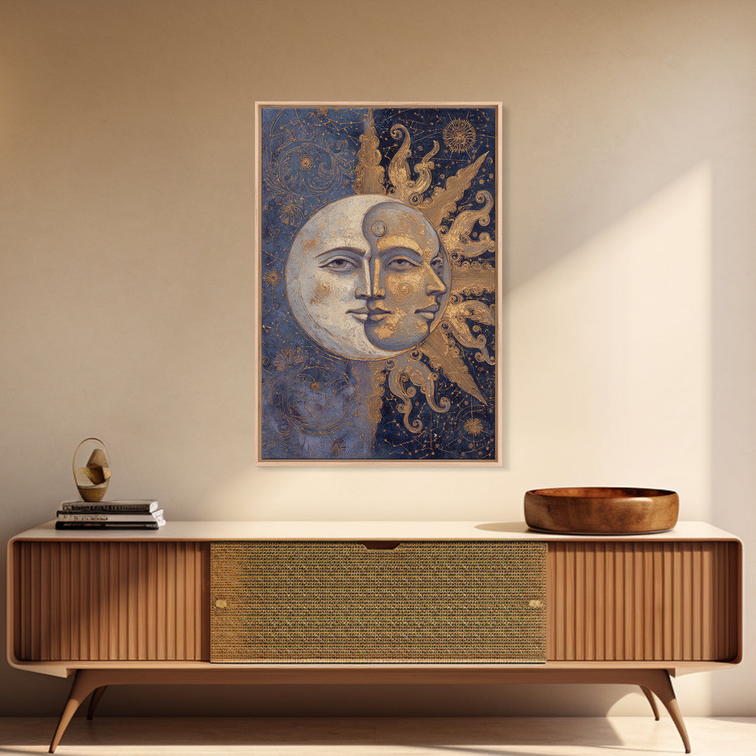 Sun and Moon Faces Framed Canvas Print, Astrology Art, Giclee Print, Living Room Decor, Fine Art, Zodiac, Fine Art Print, AST-2x3-85