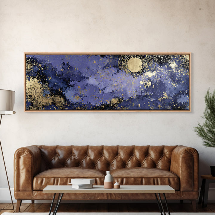Gold Zodiac Wheel on Deep Midnight Blue Framed Canvas Print, Astrology Art, Zodiac Sign Print, Living Room Decor, Zodiac, AST-3x1-17