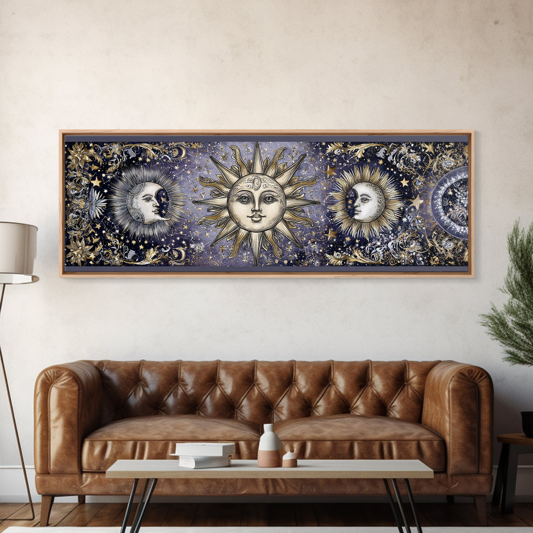 Sun and Moon Faces Canvas Print, Astrology Art, Zodiac Wall Art, Living Room Decor, Fine Art, Zodiac, Luxury Decor, AST-3x1-45