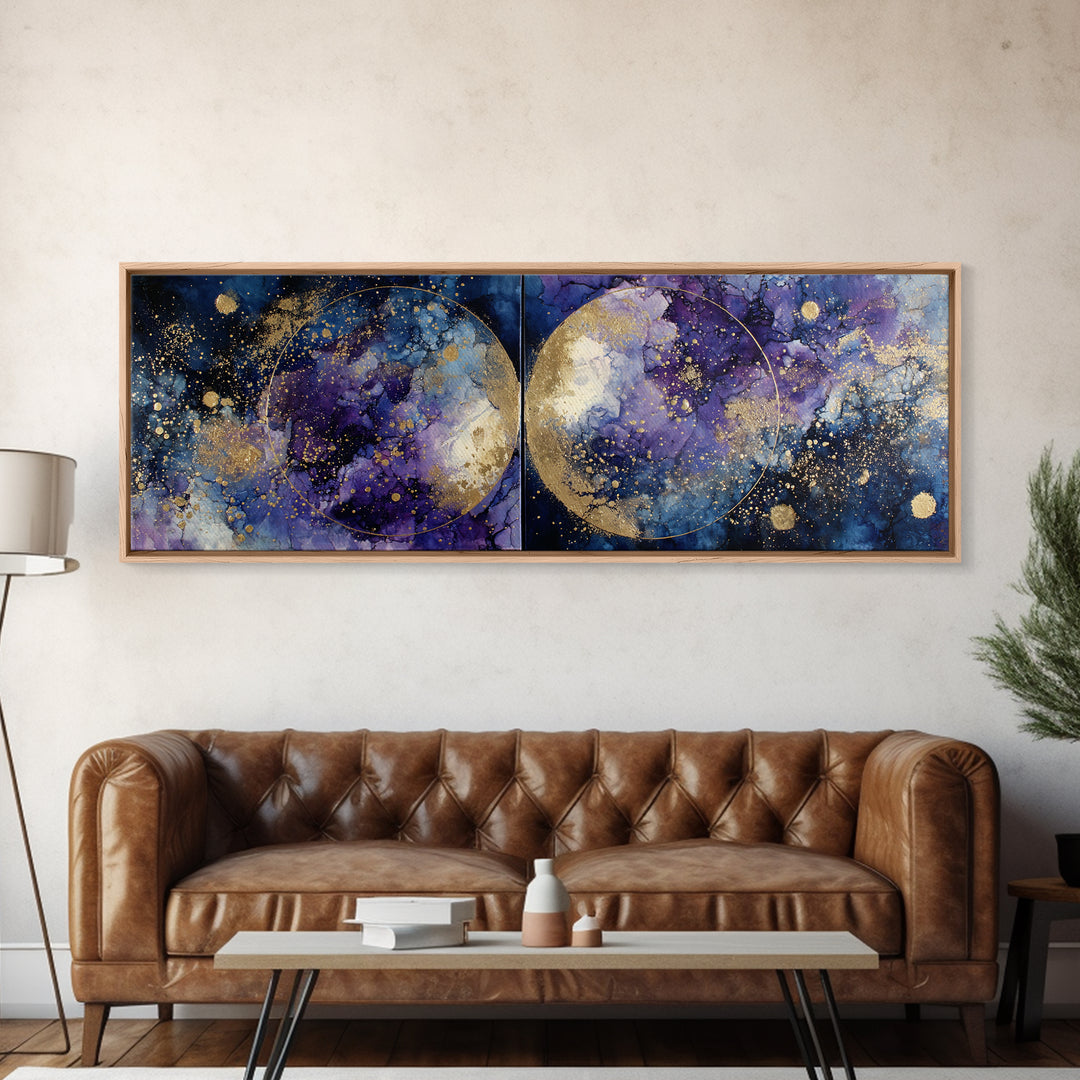 Celestial Twins Surrounded by Mirrored Moons Framed Canvas Print, Astrology Art, Wall Decor, Living Room Decor, Zodiac, AST-3x1-73
