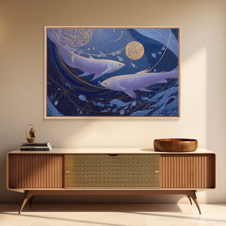 Cosmic Fish Pair Circling a Moonlit Pool Canvas Print, Astrology Art, Zodiac Wall Art, Living Room Decor, Fine Art, Zodiac, AST-3x2-3