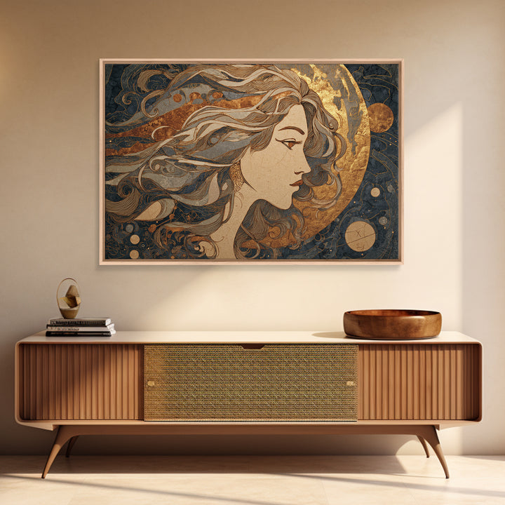 Moon Goddess with Flowing Hair and Constellations Canvas Print, Astrology Art, Fine Art Print, Living Room Decor, Zodiac, AST-3x2-31