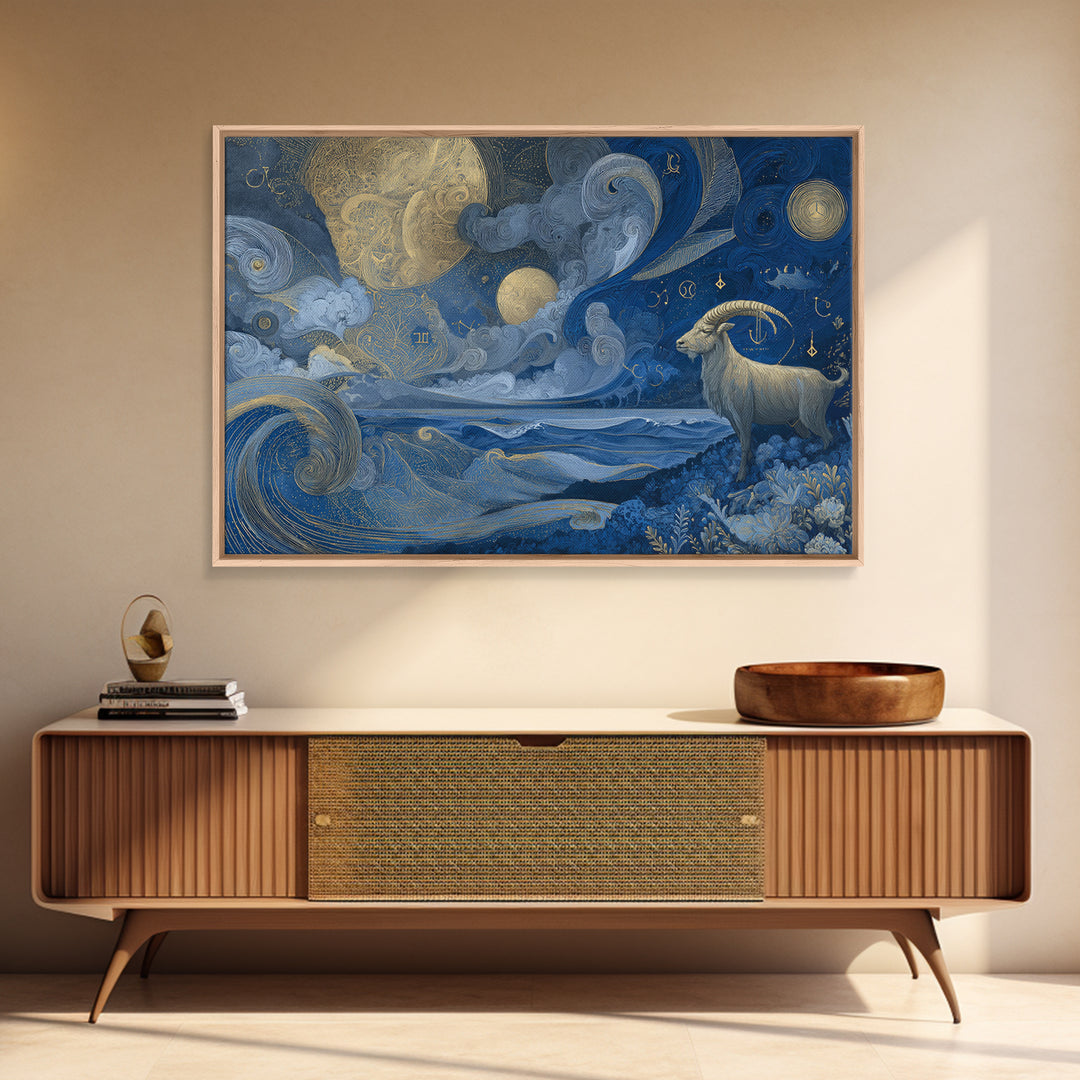 Capricorn Sea Goat Emerging from Cosmic Waves Canvas Print, Astrology Art, Digital Wall Art, Living Room Decor, Zodiac, AST-3x2-47