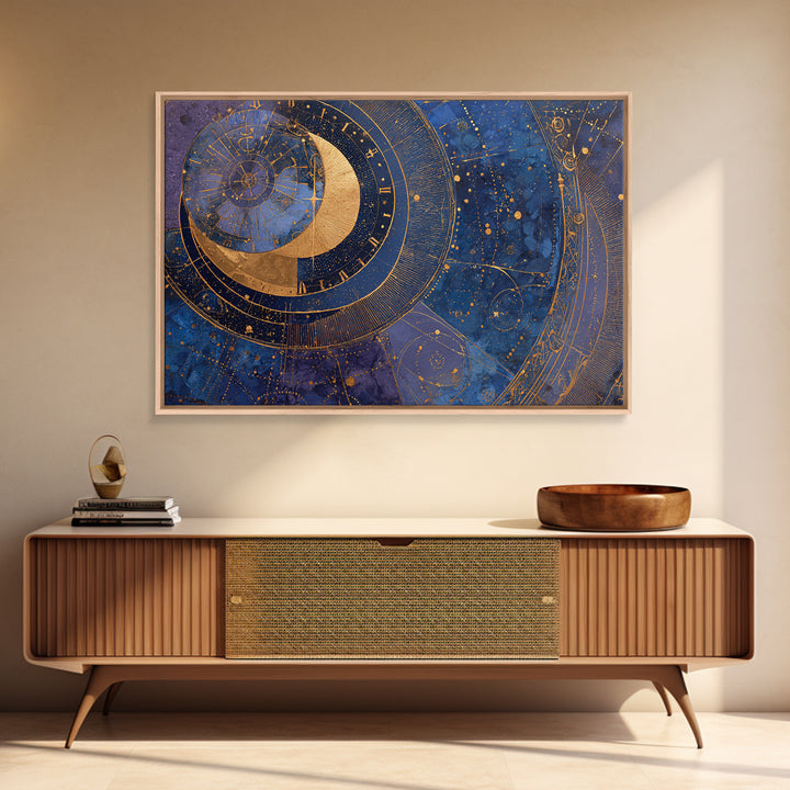 Gold Zodiac Wheel on Deep Midnight Blue Framed Canvas Print, Astrology Art, Astronomy Print, Living Room Decor, Zodiac, AST-3x2-5