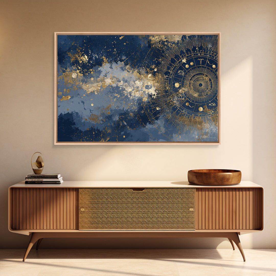 Gold Zodiac Wheel on Deep Midnight Blue Canvas Print, Astrology Art, Neutral Decor, Living Room Decor, Fine Art, Zodiac, AST-3x2-53