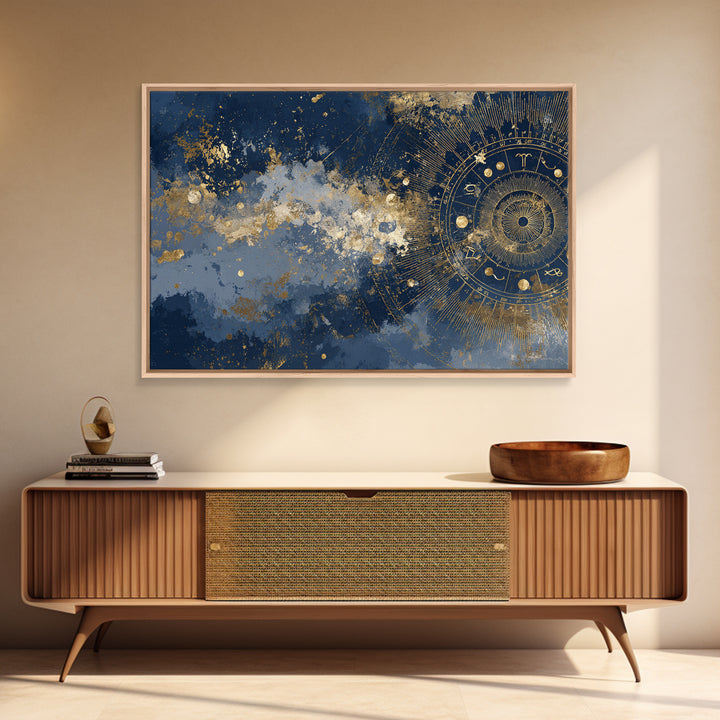 Gold Zodiac Wheel on Deep Midnight Blue Canvas Print, Astrology Art, Neutral Decor, Living Room Decor, Fine Art, Zodiac, AST-3x2-53