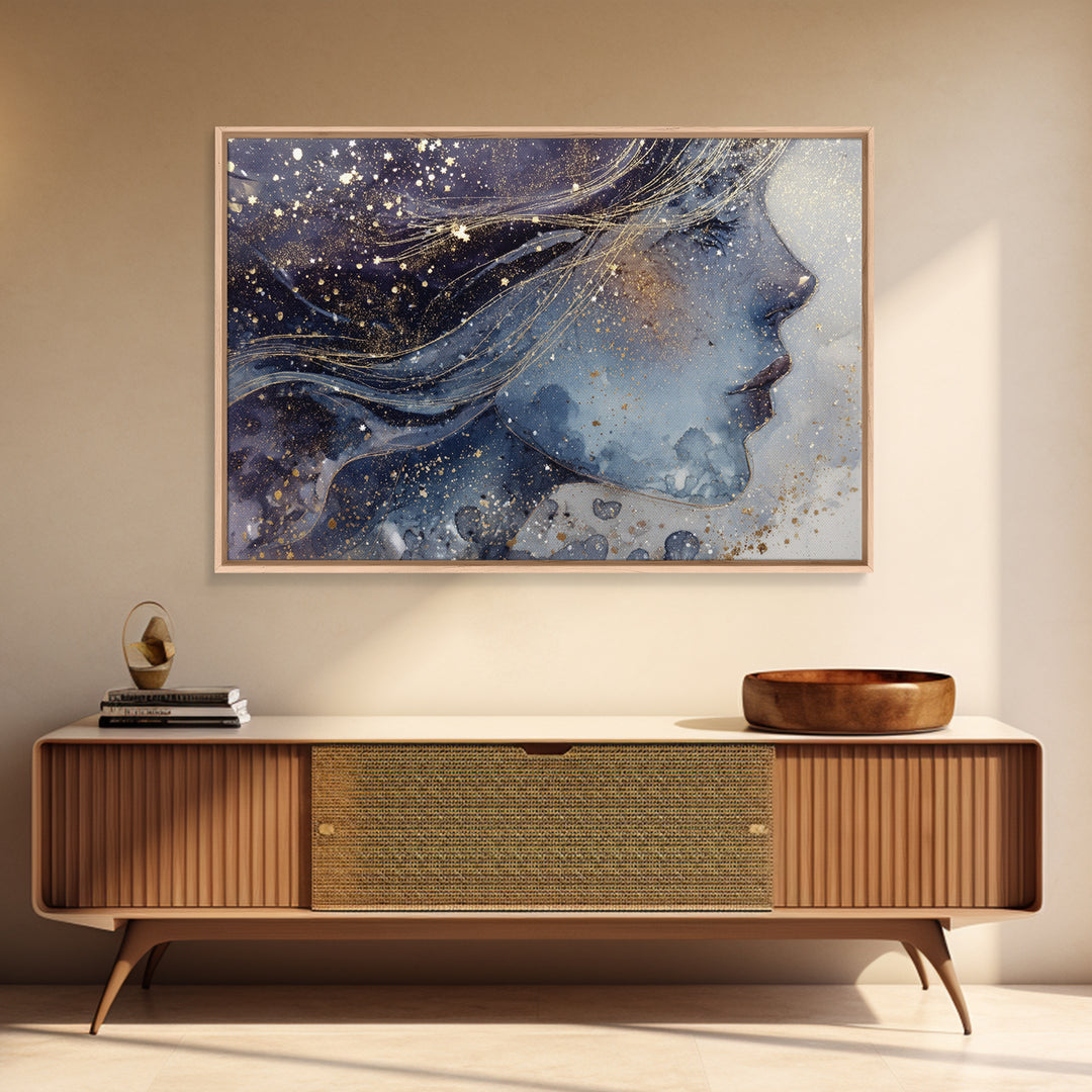 Moon Goddess with Flowing Hair and Constellations Canvas Print, Astrology Art, Astrology Gifts, Living Room Decor, Zodiac, AST-3x2-55