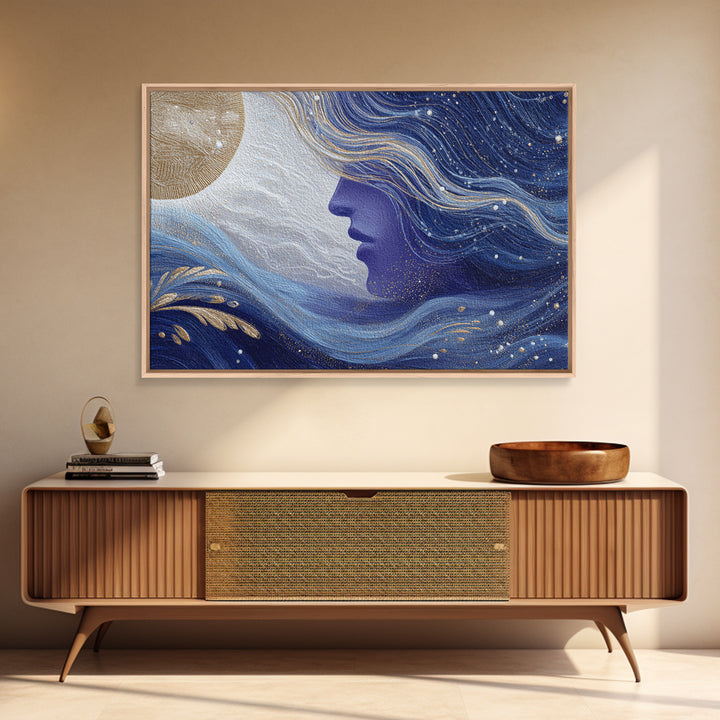 Moon Goddess with Flowing Hair and Constellations Framed Canvas Print, Astrology Art, Boho Decor, Living Room Decor, Zodiac, AST-3x2-7