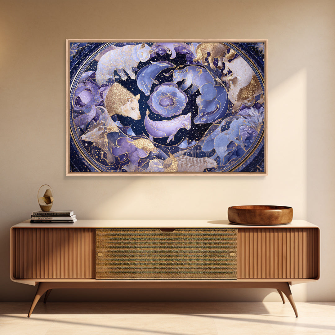 Twelve Zodiac Animals Arranged Framed Canvas Print, Astrology Art, Zodiac Sign Wall Art, Living Room Decor, Oil Painting, AST-3x2-8
