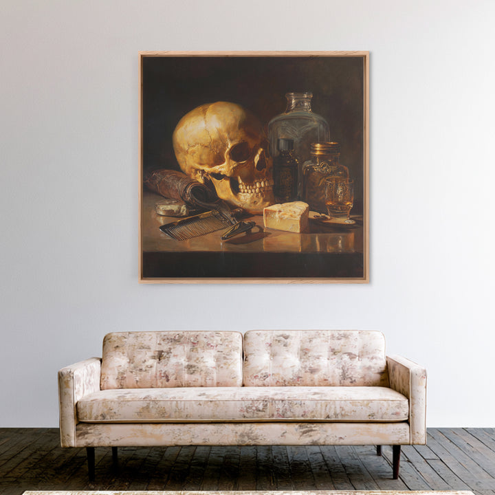 Skull with Comb and Razor in Tattoo Canvas Print, Barbershop Art, Unique Wall Art, Barbershop Decor, Oil Painting, Grooming, BAA-1x1-15