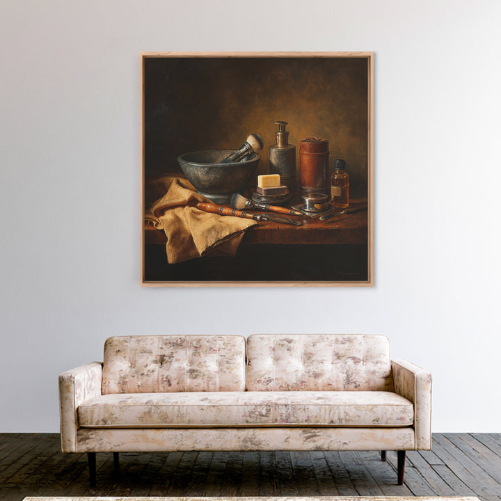 Hot Towel Shave Scene Cropped Close to Framed Canvas Print, Barbershop Art, Urban Wall Art, Barbershop Decor, Oil Painting, BAA-1x1-37