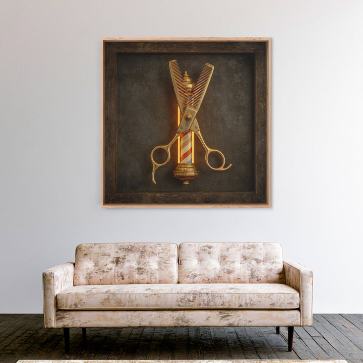 Neon Scissors Icon Framed Canvas Print, Barbershop Art, Extra Large Wall Art, Barbershop Decor, Oil Painting, Grooming, BAA-1x1-43