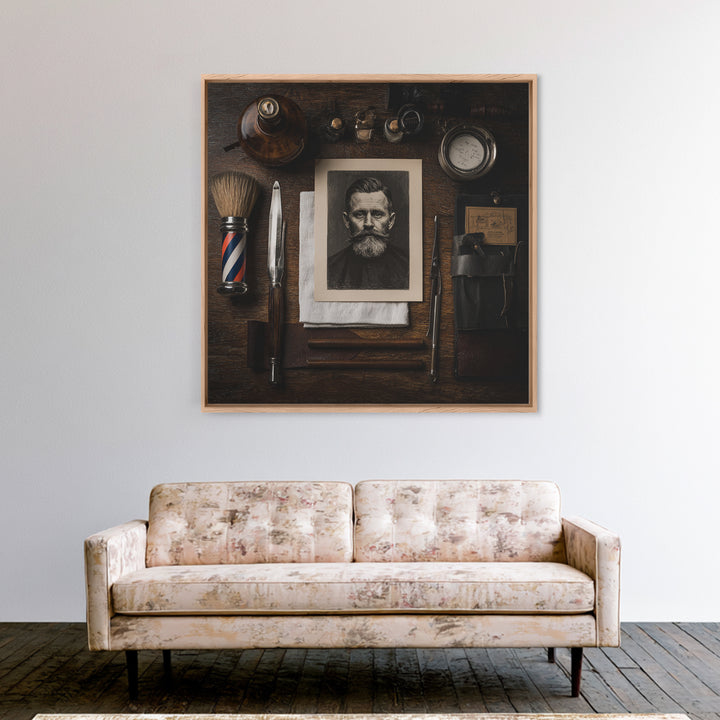 Tattooed Barber Portrait Framed Canvas Print, Barbershop Art, Downloadable Art, Barbershop Decor, Fine Art, Grooming, BAA-1x1-52