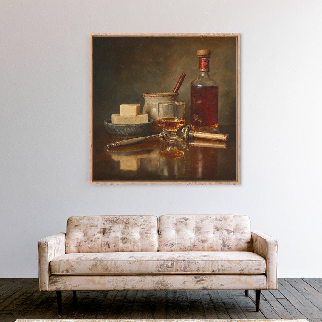 Whiskey and Straight Razor Masculine Still Life Canvas Print, Barbershop Art, Orange Wall Art, Barbershop Decor, Abstract Art, BAA-1x1-55