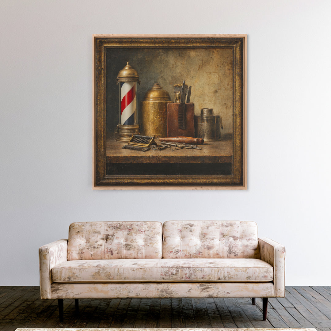 Antique Clippers and Combs on Worn Wood Framed Canvas Print, Barbershop Art, Black Man Art, Barbershop Decor, Abstract Art, BAA-1x1-57