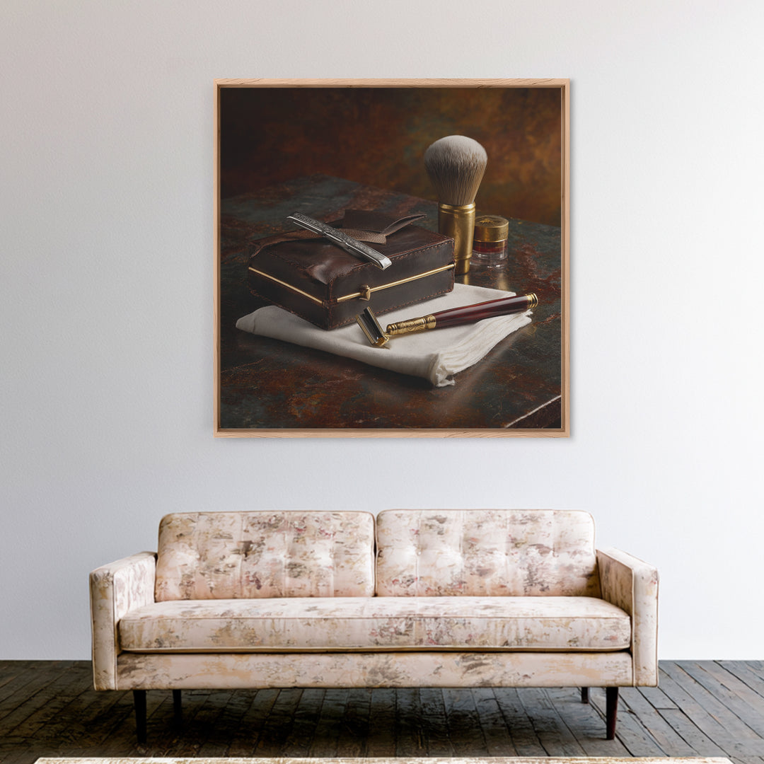 Straight Razor and Shaving Brush on Dark Framed Canvas Print, Barbershop Art, Orange Wall Art, Barbershop Decor, Grooming, BAA-1x1-74
