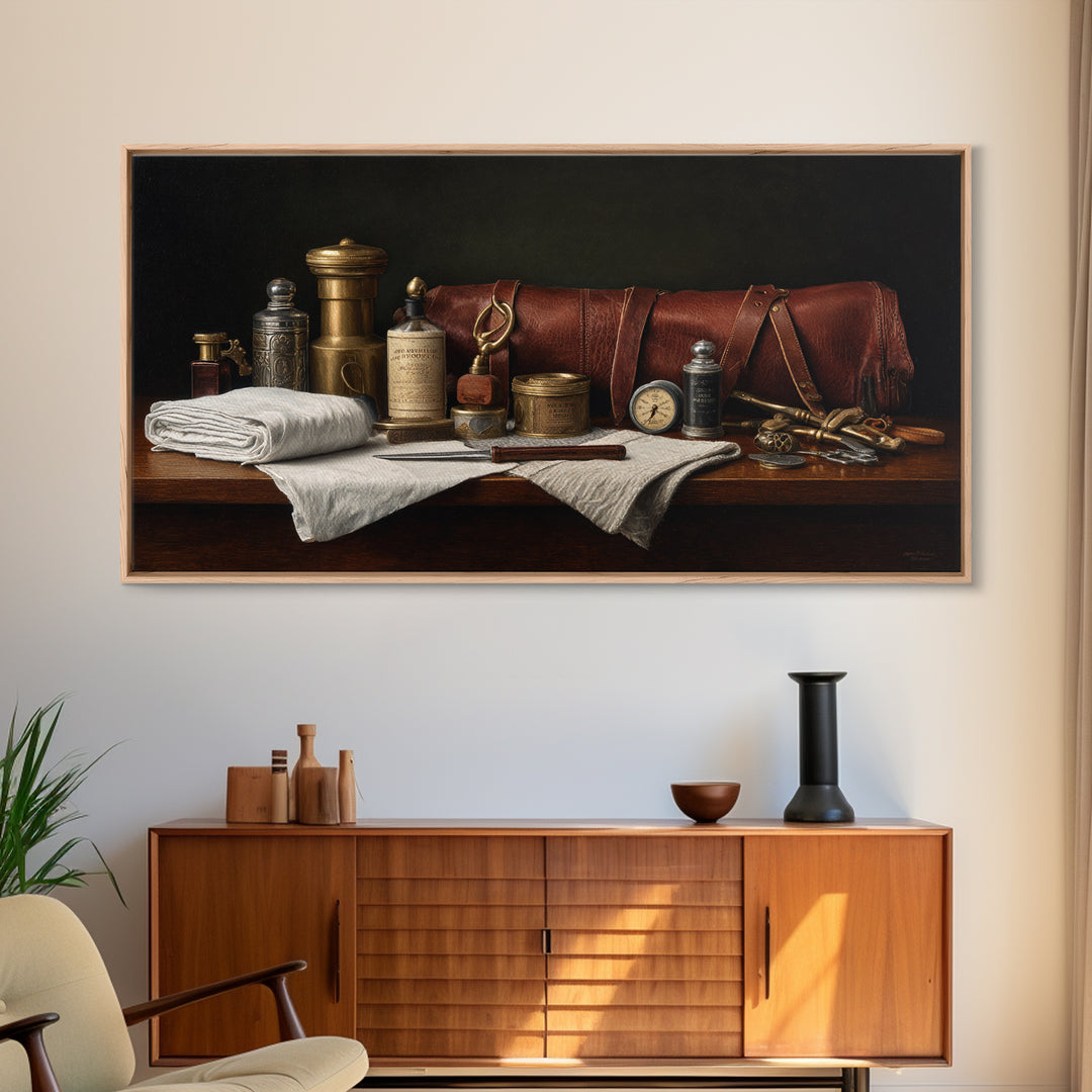 Leather Apron and Brass Tools Still Life Framed Canvas Print, Barbershop Art, Home Decor, Barbershop Decor, Fine Art, Grooming, BAA-2x1-42