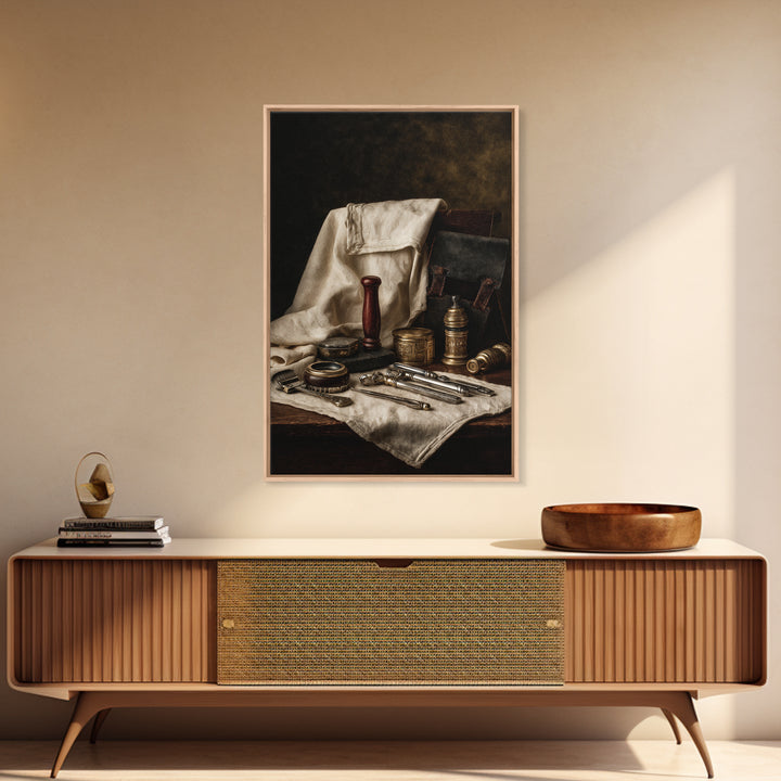 Beard Grooming Tools Drawn as Detailed Technical Canvas Print, Barbershop Art, Neutral Decor, Barbershop Decor, Oil Painting, BAA-2x3-14
