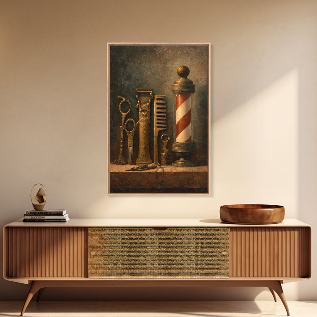 Antique Clippers and Combs on Worn Wood Framed Canvas Print, Barbershop Art, Barbershop Decor, Abstract Art, Grooming, BAA-2x3-41