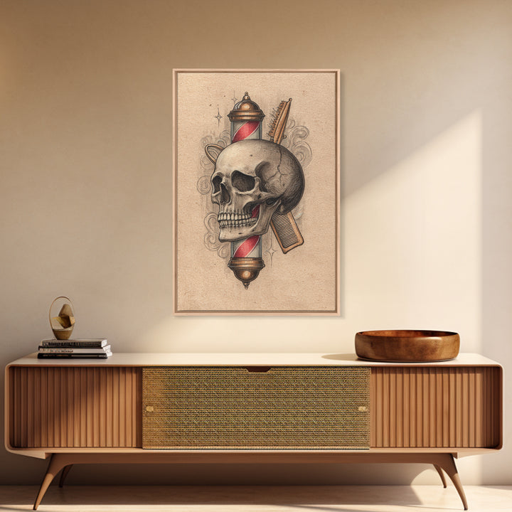 Skull with Comb and Razor in Tattoo Canvas Print, Barbershop Art, Luxury Decor, Barbershop Decor, Fine Art, Grooming, BAA-2x3-71