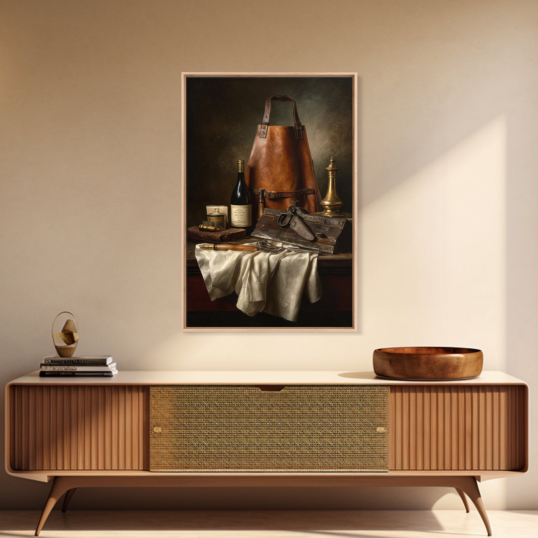 Leather Apron and Brass Tools Still Life Framed Canvas Print, Barbershop Art, Minimalist Decor, Barbershop Decor, Grooming, BAA-2x3-78