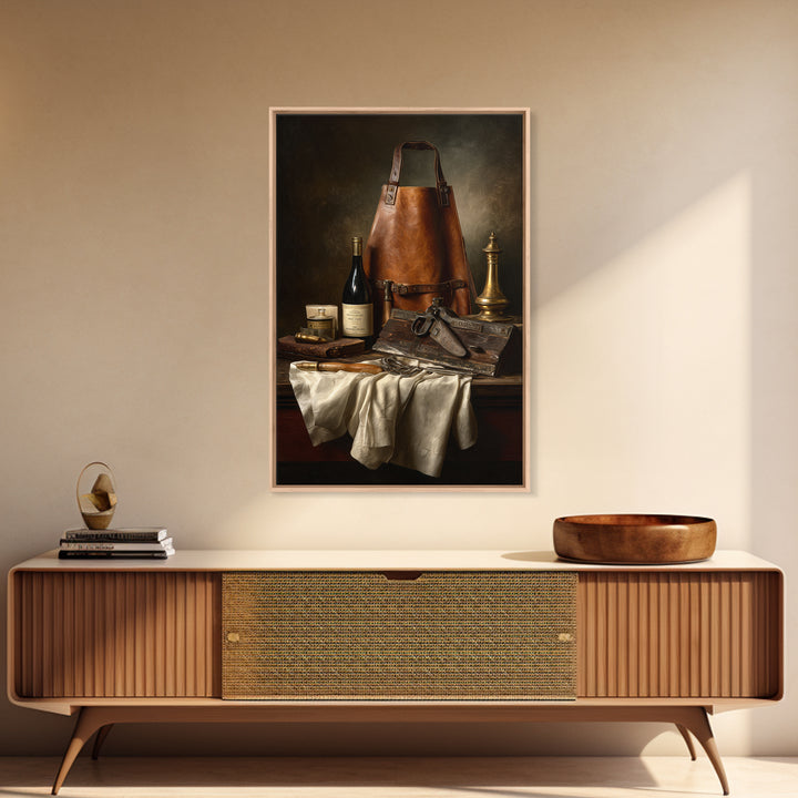 Leather Apron and Brass Tools Still Life Framed Canvas Print, Barbershop Art, Minimalist Decor, Barbershop Decor, Grooming, BAA-2x3-78