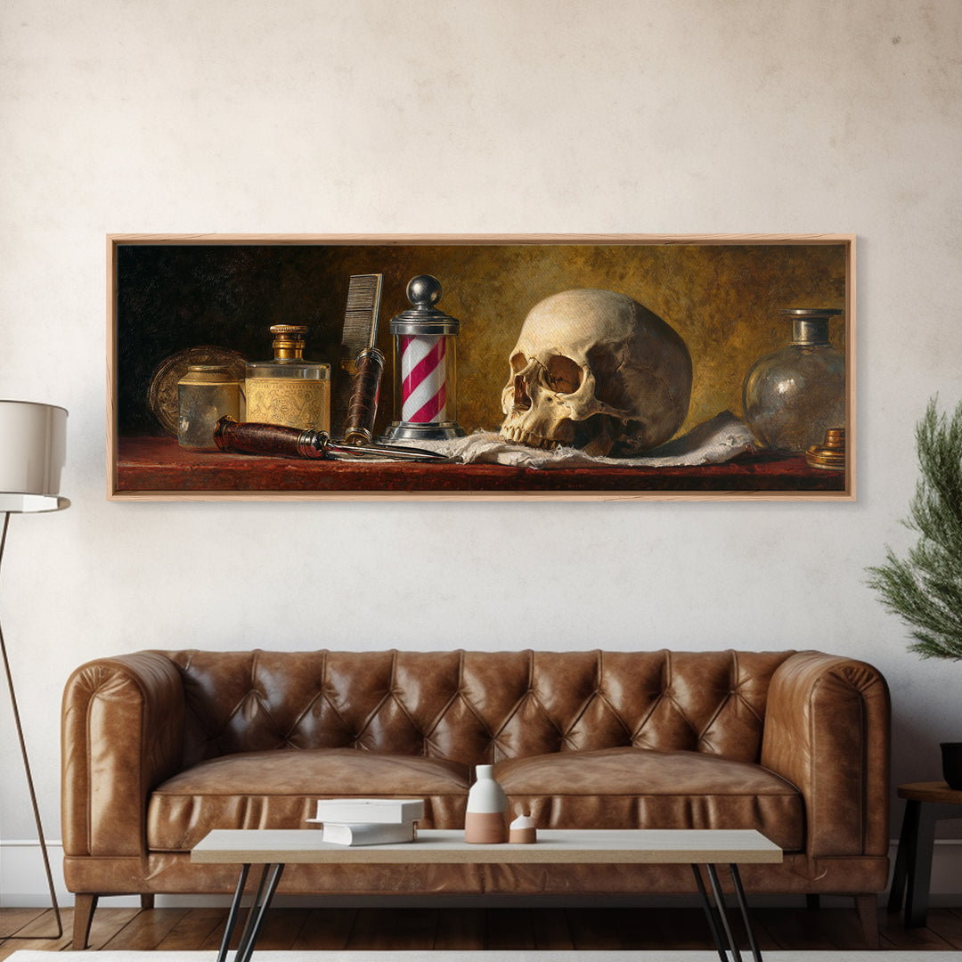 Skull with Comb and Razor in Tattoo Framed Canvas Print, Barbershop Art, Room Decor, Barbershop Decor, Fine Art, Grooming, BAA-3x1-55