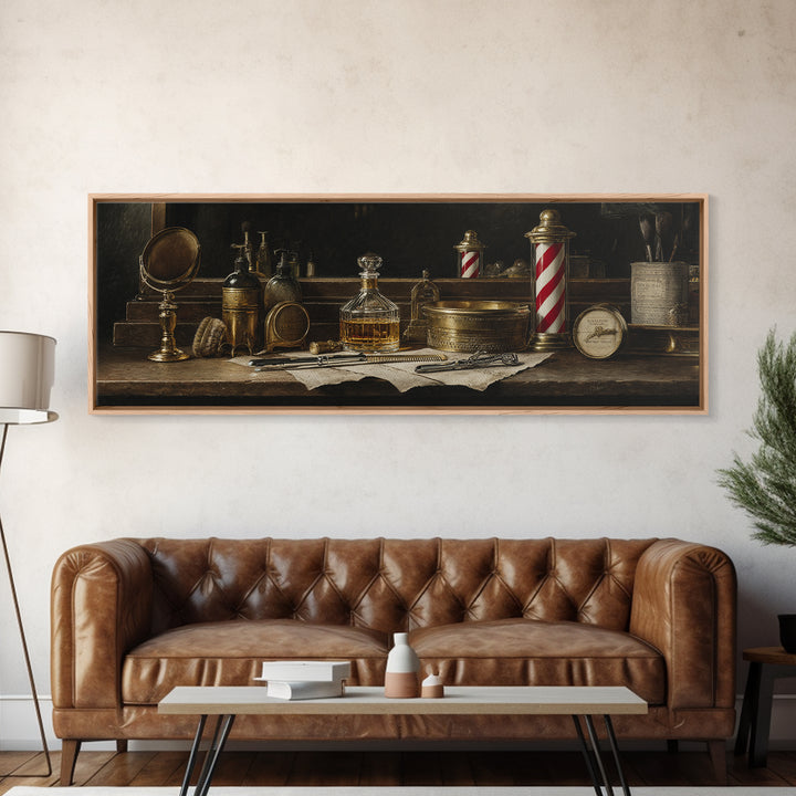 Whiskey and Straight Razor Masculine Still Life Canvas Print, Barbershop Art, Oil Painting, Barbershop Decor, Grooming, BAA-3x1-71