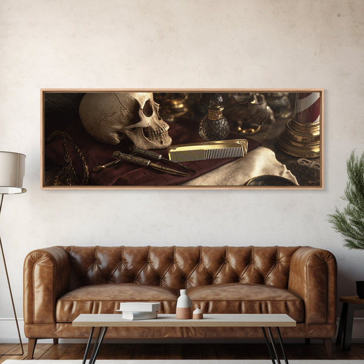 Skull with Comb and Razor in Tattoo Framed Canvas Print, Barbershop Art, Black Art, Barbershop Decor, Oil Painting, Grooming, BAA-3x1-79