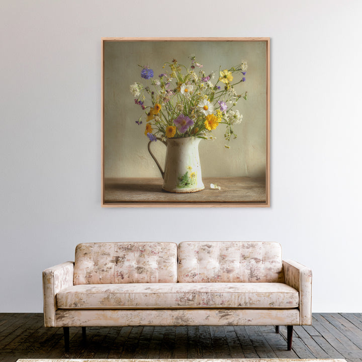 Country Wildflowers in a Chipped Ceramic Pitcher Canvas Print, Bed and Breakfast Art, Modern Decor, Living Room Decor, BAB-1x1-1