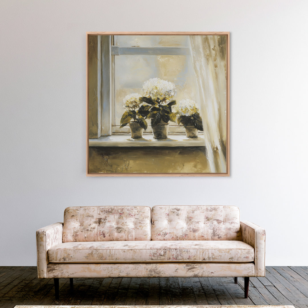 Sunlit Hydrangeas on a Windowsill Canvas Print, Bed and Breakfast Art, Trendy Wall Art, Living Room Decor, Fine Art, BAB-1x1-10