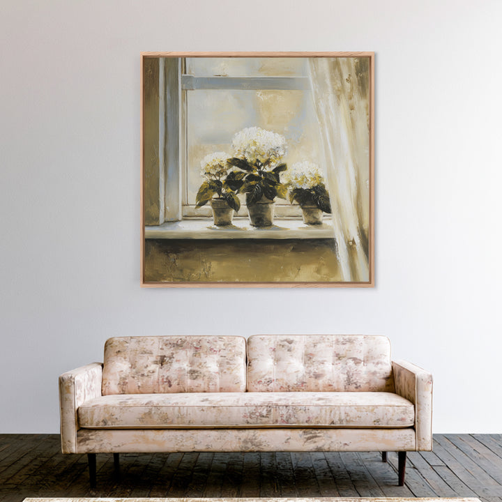 Sunlit Hydrangeas on a Windowsill Canvas Print, Bed and Breakfast Art, Trendy Wall Art, Living Room Decor, Fine Art, BAB-1x1-10