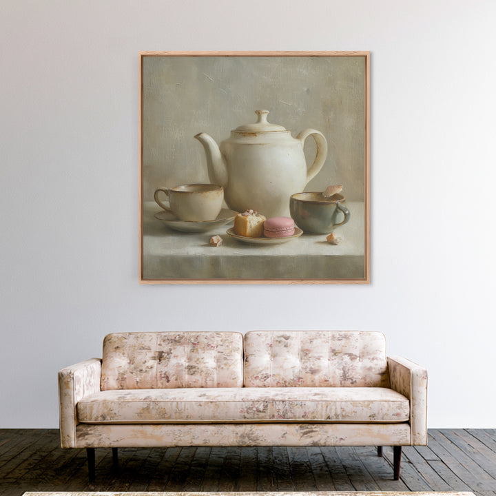 Porcelain Teapot and Scones Framed Canvas Print, Bed and Breakfast Art, Wall Decor, Living Room Decor, Fine Art, BAB-1x1-12