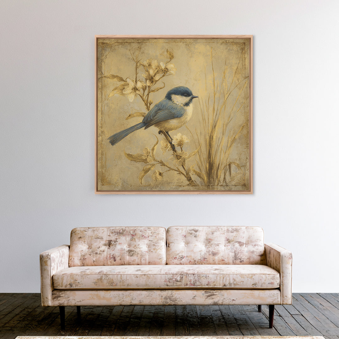 Small Bird on a Flowering Branch Canvas Print, Bed and Breakfast Art, Farmhouse Wall Art, Living Room Decor, Fine Art, BAB-1x1-14