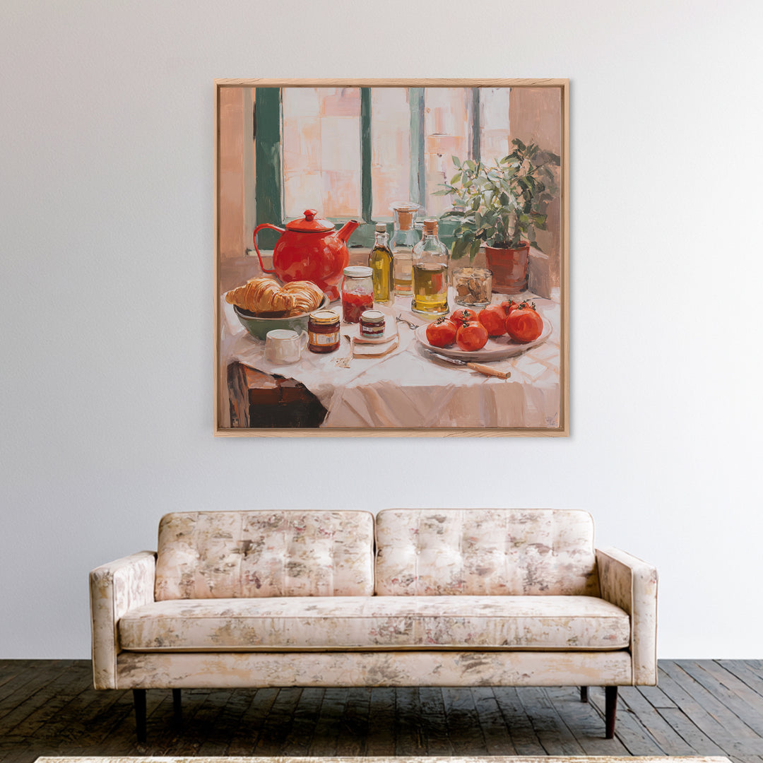 Fresh Croissants and Jam on a Linen Framed Canvas Print, Bed and Breakfast Art, Above Bed Decor, Living Room Decor, Fine Art, BAB-1x1-2