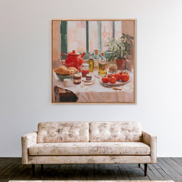 Fresh Croissants and Jam on a Linen Framed Canvas Print, Bed and Breakfast Art, Above Bed Decor, Living Room Decor, Fine Art, BAB-1x1-2