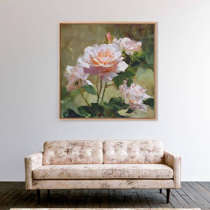Garden Roses in Romantic Oil Paint Framed Canvas Print, Bed and Breakfast Art, Neutral Decor, Living Room Decor, Oil Painting, BAB-1x1-21