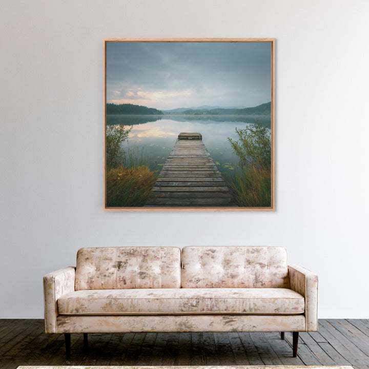 Quiet Lake Dock at Early Morning Canvas Print, Bed and Breakfast Art, Farmhouse Wall Decor, Living Room Decor, Fine Art, BAB-1x1-22