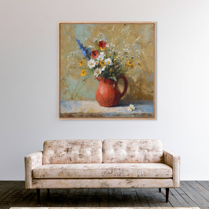 Country Wildflowers in a Chipped Ceramic Pitcher Canvas Print, Bed and Breakfast Art, Room Decor, Living Room Decor, BAB-1x1-25