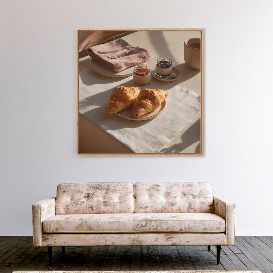 Fresh Croissants and Jam on a Linen Canvas Print, Bed and Breakfast Art, Folk Art, Living Room Decor, Abstract Art, BAB-1x1-26
