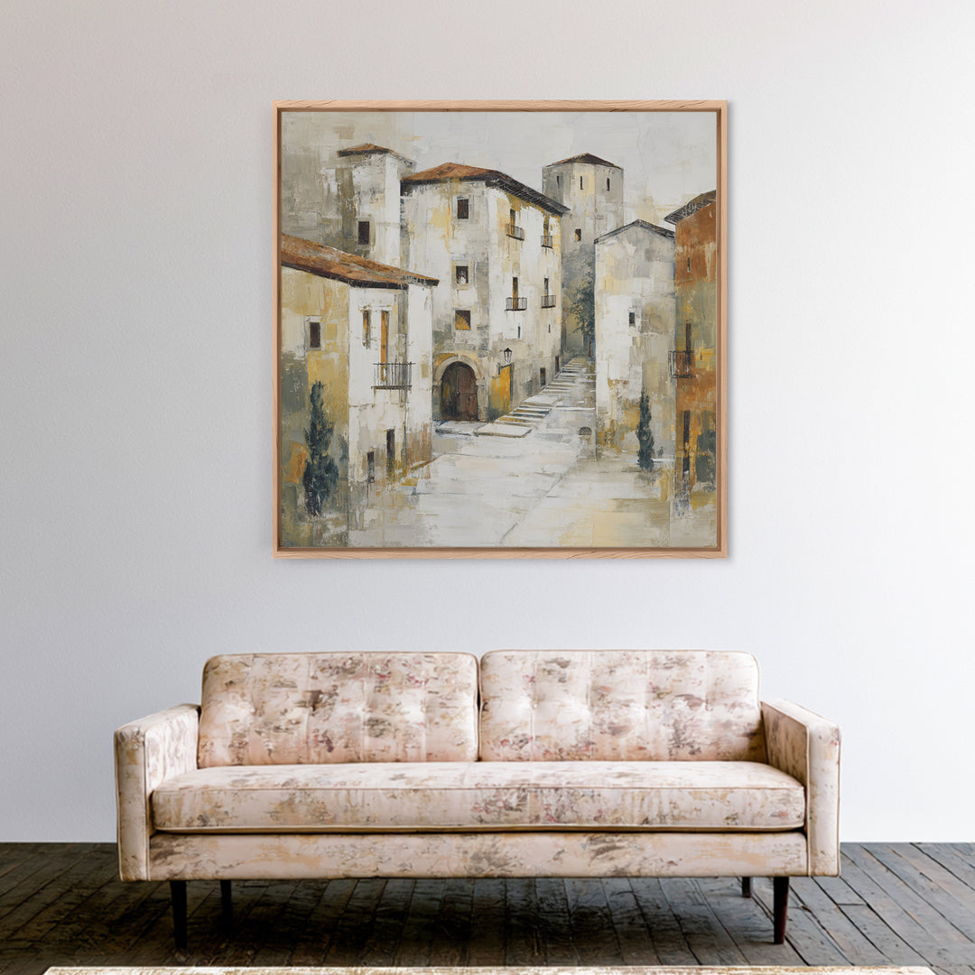 Soft Watercolor Village Street at Dawn Canvas Print, Bed and Breakfast Art, Textured Painting, Living Room Decor, BAB-1x1-29