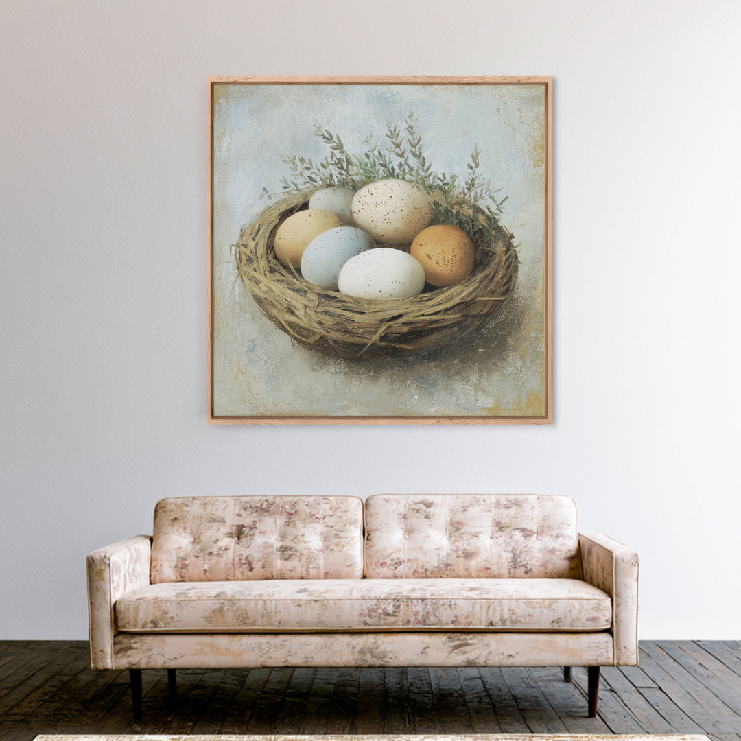 Fresh Eggs in a Woven Basket with Canvas Print, Bed and Breakfast Art, Bedroom Art, Living Room Decor, Oil Painting, BAB-1x1-30