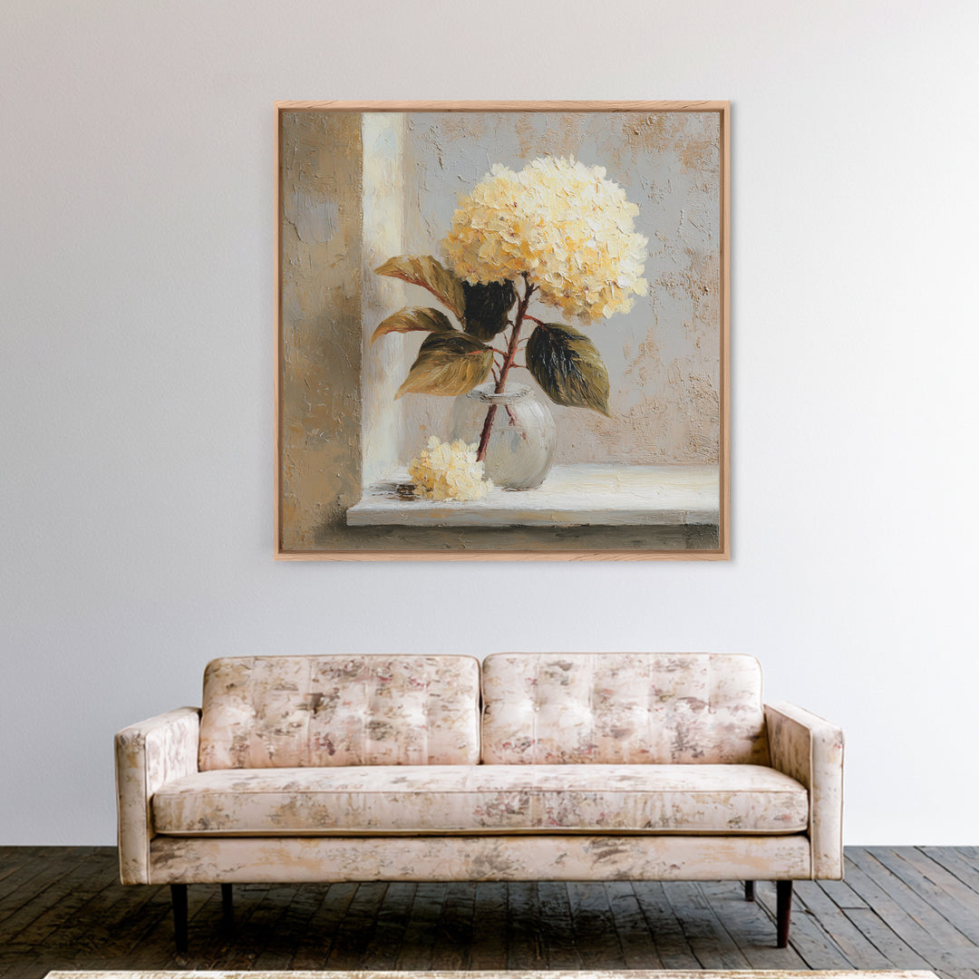 Sunlit Hydrangeas on a Windowsill Canvas Print, Bed and Breakfast Art, Rustic Home Decor, Living Room Decor, BAB-1x1-34