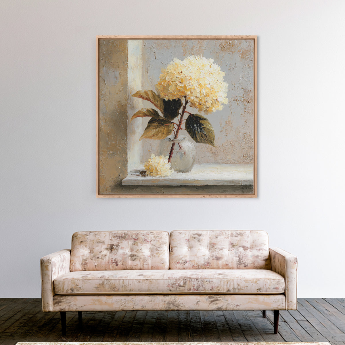 Sunlit Hydrangeas on a Windowsill Canvas Print, Bed and Breakfast Art, Rustic Home Decor, Living Room Decor, BAB-1x1-34