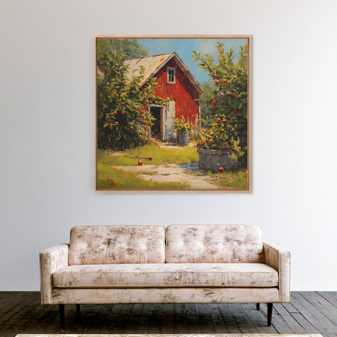 Apple Orchard Scene Framed Canvas Print, Bed and Breakfast Art, Boho Decor, Living Room Decor, Oil Painting, BAB-1x1-37