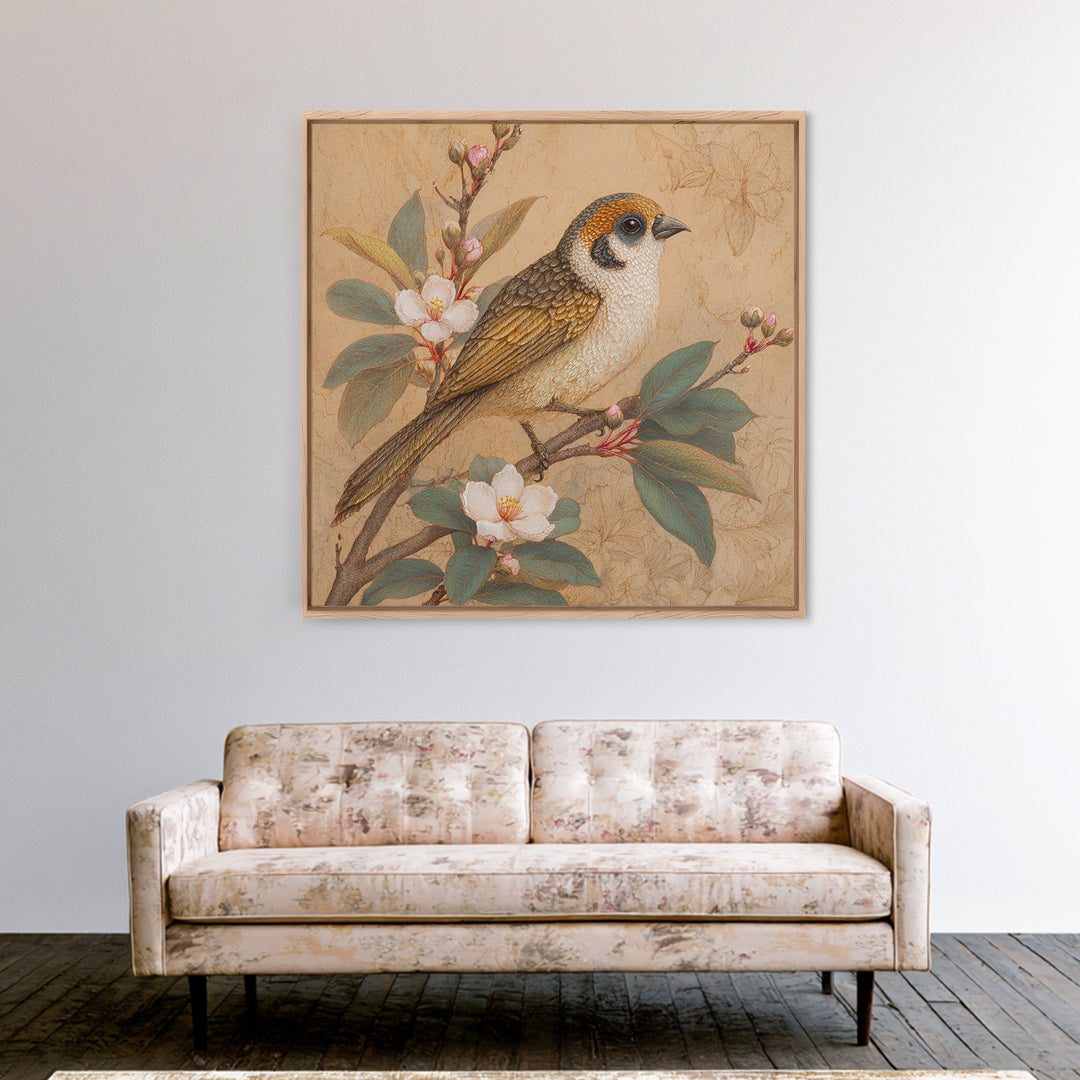 Small Bird on a Flowering Branch Framed Canvas Print, Bed and Breakfast Art, Gallery Decor, Living Room Decor, Fine Art, BAB-1x1-38