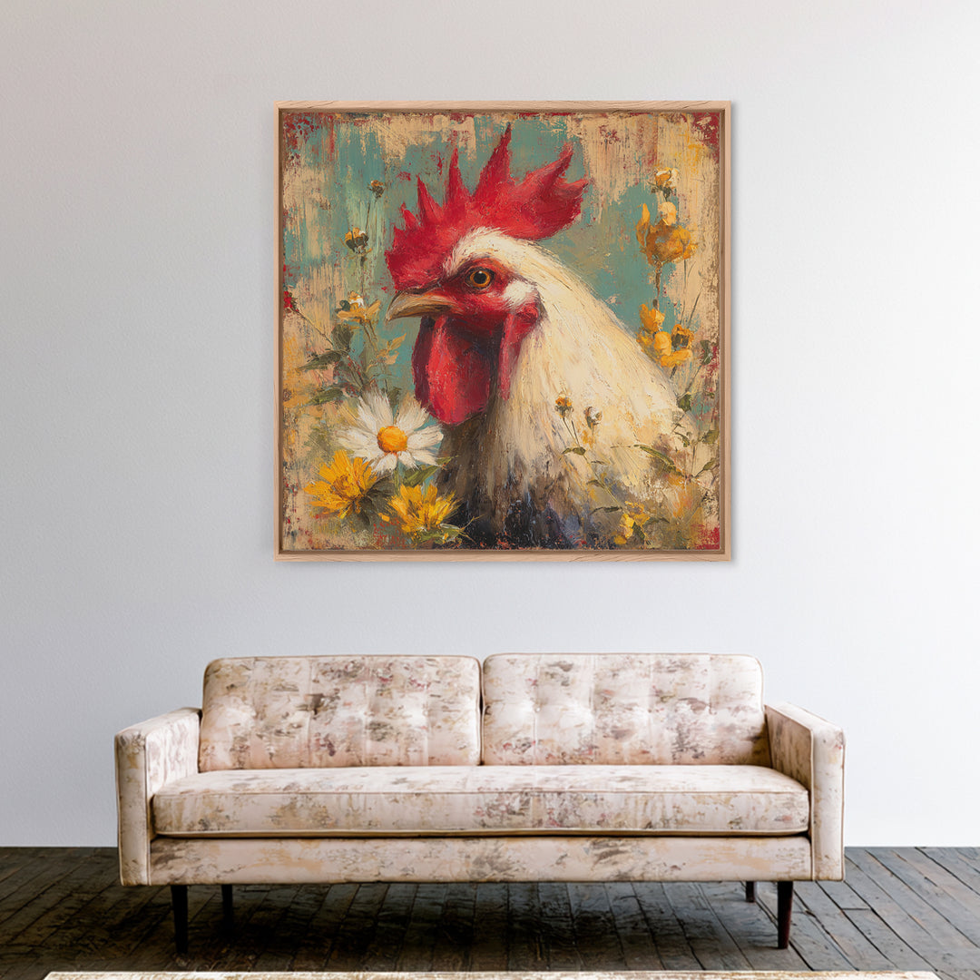 Rooster and Wildflower Country Portrait Canvas Print, Bed and Breakfast Art, Farmhouse Wall Decor, Living Room Decor, BAB-1x1-43